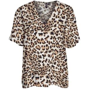 VERO MODA dam Vmeasy Joy Ss V-hals WVN Ga Top, Tan/Aop: leo, S VERO MODA dam Vmeasy Joy Ss V-hals WVN Ga Top, Tan/Aop: leo, S