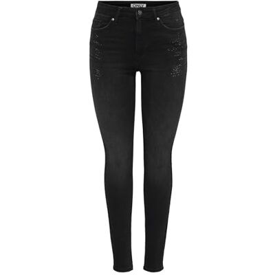 ONLY Onlblush Rhinestone Hw Skinny DNM Tai, Tvättad svart, XL / 30L ONLY Onlblush Rhinestone Hw Skinny DNM Tai, Tvättad svart, XL / 30L