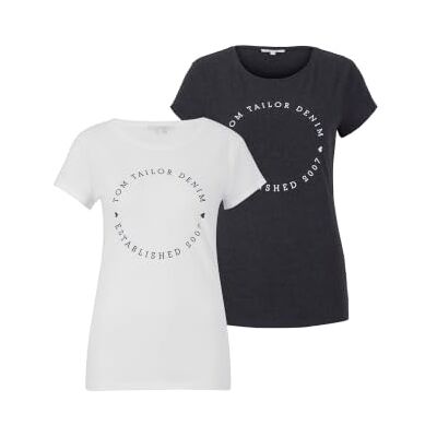 TOM TAILOR Denim Damer Dubbelpack t-shirt med tryck 1029695, 10522 Shale Grey Melange, XXL TOM TAILOR Denim Damer Dubbelpack t-shirt med tryck 1029695, 10522 Shale Grey Melange, XXL