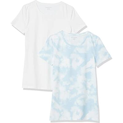 Amazon Essentials dam klassisk passform kortärmad rund hals t-shirt, paket med 2, blå batikfärg/vit, Large Amazon Essentials dam klassisk passform kortärmad rund hals t-shirt, paket med 2, blå batikfärg/vit, Large
