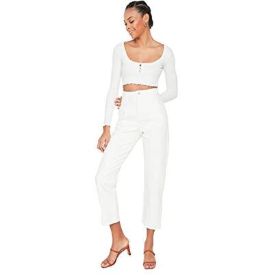 Trendyol Dam detaljerad hög midja raka jeans, vit, 32 Trendyol Dam detaljerad hög midja raka jeans, vit, 32