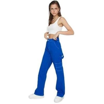Trendyol Dam hög midja raka ben 90-tal vida ben jeans, BLÅ, 66 SE Trendyol Dam hög midja raka ben 90-tal vida ben jeans, BLÅ, 66 SE