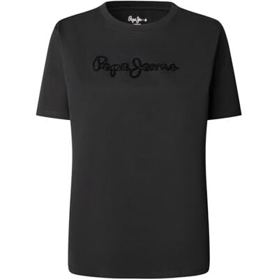 Pepe Jeans Dam W Flock Logo T-Shirt, Svart (Svart), XXS, Svart (svart), XXS Pepe Jeans Dam W Flock Logo T-Shirt, Svart (Svart), XXS, Svart (svart), XXS