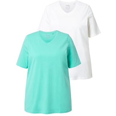 Ulla Popken damer stora storlekar överdimensionerade t-shirts i stor storlek, 2-pack, V-hals, halvärm, ekologisk bomull, Jadegrön, 42-44 Ulla Popken damer stora storlekar överdimensionerade t-shirts i stor storlek, 2-pack, V-hals, halvärm, ekologisk bomull, Jadegrön, 42-44