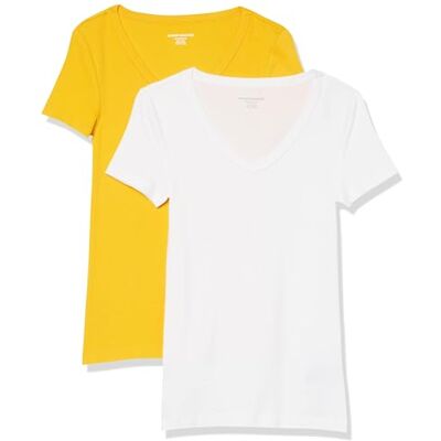Amazon Essentials Women's Kortärmad V-ringad T-shirt smal passform, Pack of 2, Gyllengul/Vit, XXL Amazon Essentials Women's Kortärmad V-ringad T-shirt smal passform, Pack of 2, Gyllengul/Vit, XXL