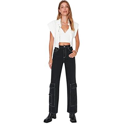 Trendyol Kvinna hög midja breda ben av 90-talet jeans, Schwarz, 36 Trendyol Kvinna hög midja breda ben av 90-talet jeans, Schwarz, 36
