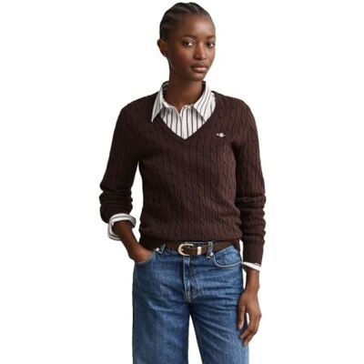 GANT Stretch bomull kabel V-hals, Djup brun, XS GANT Stretch bomull kabel V-hals, Djup brun, XS