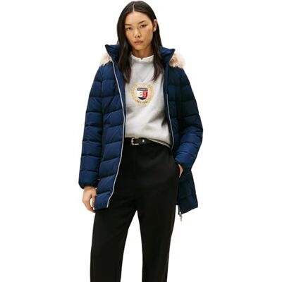 Tommy Hilfiger Dam MW Down-smal kappa med päls WW0WW47540 pufferrock, blå, XS, Blå (mörk natt marinblå), XS Tommy Hilfiger Dam MW Down-smal kappa med päls WW0WW47540 pufferrock, blå, XS, Blå (mörk natt marinblå), XS