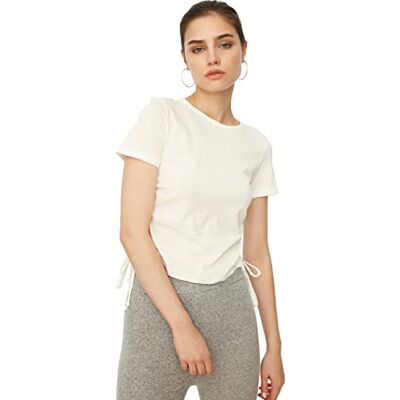 Trendyol Kvinnors Ekru Shirred Basic stickad t-shirt, Ecru, Small Trendyol Kvinnors Ekru Shirred Basic stickad t-shirt, Ecru, Small