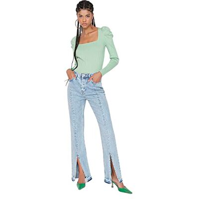 Trendyol Dam hög midja raka ben utsvängda jeans, BLÅ, 60 SE Trendyol Dam hög midja raka ben utsvängda jeans, BLÅ, 60 SE