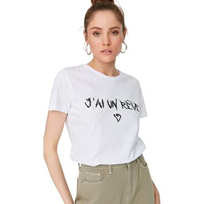 Trendyol Dam vanlig basic rundhalsad stickad T-shirt, Vitt, XS Trendyol Dam vanlig basic rundhalsad stickad T-shirt, Vitt, XS