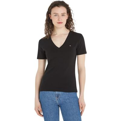 Tommy Hilfiger Dam nya Slim Cody V-ringad Ss S/S stickade toppar, Svart, XXL stor tall Tommy Hilfiger Dam nya Slim Cody V-ringad Ss S/S stickade toppar, Svart, XXL stor tall