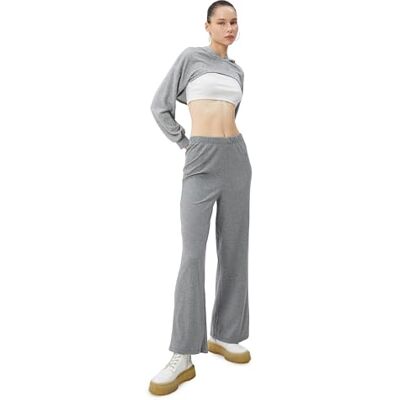 Koton dam vida ben byxor relax cut elastiskt midjeband ribbad byxor, Mörkgrå melerad (kgm), M Koton dam vida ben byxor relax cut elastiskt midjeband ribbad byxor, Mörkgrå melerad (kgm), M