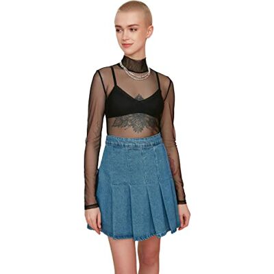 Trendyol Kvinnors svart brant krage tyll stickad blus blus, svart, liten Trendyol Kvinnors svart brant krage tyll stickad blus blus, svart, liten