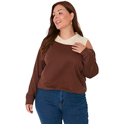 Trendyol Dam rund hals vanlig plusstorlek sweatshirt, brun, XXL, Brun Trendyol Dam rund hals vanlig plusstorlek sweatshirt, brun, XXL, Brun