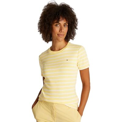 Tommy Hilfiger Dam Slim Cody C-NK SS WW0WW40587, Gul (Citronella/Ecru Stp), XXS Tommy Hilfiger Dam Slim Cody C-NK SS WW0WW40587, Gul (Citronella/Ecru Stp), XXS