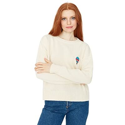 Trendyol Dam Regular Fit Basic Crew Neck Stickat Tröja Sweatshirt, Ecru, S Trendyol Dam Regular Fit Basic Crew Neck Stickat Tröja Sweatshirt, Ecru, S