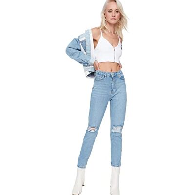 Trendyol Dam hög midja raka ben mamma jeans, BLÅ, 68 SE Trendyol Dam hög midja raka ben mamma jeans, BLÅ, 68 SE