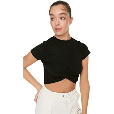 Trendyol Dam sportkläder figursydd bodycon rundhalsad stickad T-shirt, Svart, M Trendyol Dam sportkläder figursydd bodycon rundhalsad stickad T-shirt, Svart, M