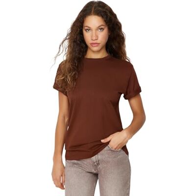 Trendyol Dam Basics pojkvän bas stickad T-shirt med rund hals brun, Brun, XS Trendyol Dam Basics pojkvän bas stickad T-shirt med rund hals brun, Brun, XS