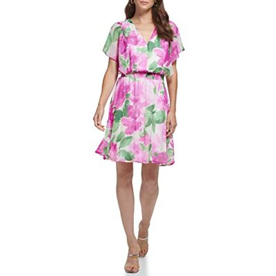 DKNY Dam fladdrande ärm v-ringad midi-klänning, Kräm/hallon, 38 DKNY Dam fladdrande ärm v-ringad midi-klänning, Kräm/hallon, 38