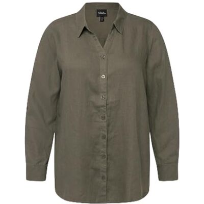 Ulla Popken dam, linne, öppen krage, långärmad blus, Lodgrön, 42-44 Ulla Popken dam, linne, öppen krage, långärmad blus, Lodgrön, 42-44
