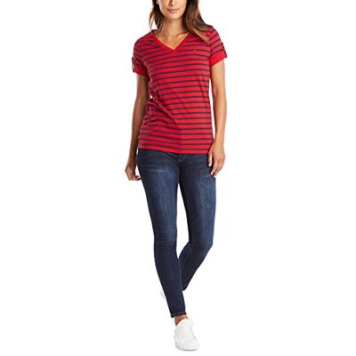 Nautica Damer Easy Comfort V-hals, randig, supermjuk, stretchbomull t-shirt, röd, M Nautica Damer Easy Comfort V-hals, randig, supermjuk, stretchbomull t-shirt, röd, M