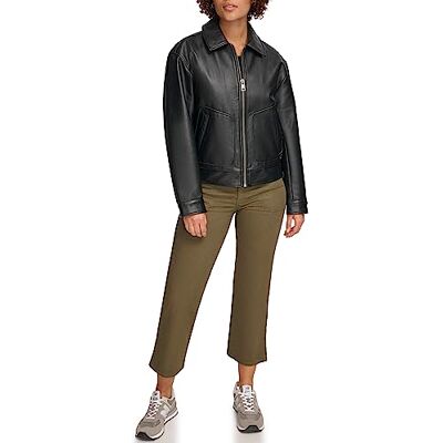 Levi's Women's Faux Leather Lightweight Dad Bomber Jacket, Pebbled Black, Medium Levi's Women's Faux Leather Lightweight Dad Bomber Jacket, Pebbled Black, Medium
