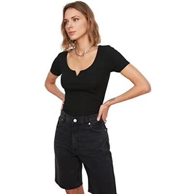 Trendyol Dam normal standard fyrkantig krage stickad blus, Svart, L Trendyol Dam normal standard fyrkantig krage stickad blus, Svart, L