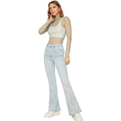 Trendyol Ljusfärg för kvinnor blockerar hög midja flare jeans, klar blå, 34 Trendyol Ljusfärg för kvinnor blockerar hög midja flare jeans, klar blå, 34