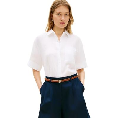 Tommy Hilfiger kvinnors Ess linne Ss skjorta WW0WW48925, vit, XXS Tommy Hilfiger kvinnors Ess linne Ss skjorta WW0WW48925, vit, XXS