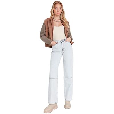 Trendyol Dam hög midja raka ben 90-tal breda ben jeans, Ljusblått, 60 SE Trendyol Dam hög midja raka ben 90-tal breda ben jeans, Ljusblått, 60 SE