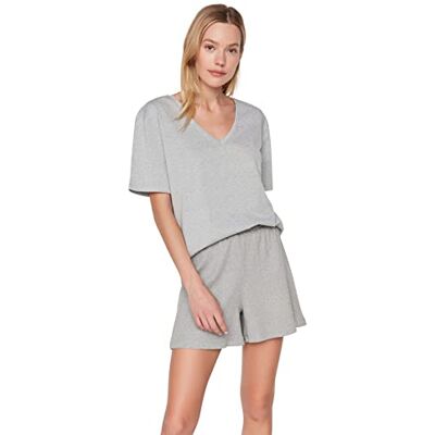 Trendyol Dam myskläder avslappnad standard V-ringad vävd T-shirt, Grått, XS Trendyol Dam myskläder avslappnad standard V-ringad vävd T-shirt, Grått, XS
