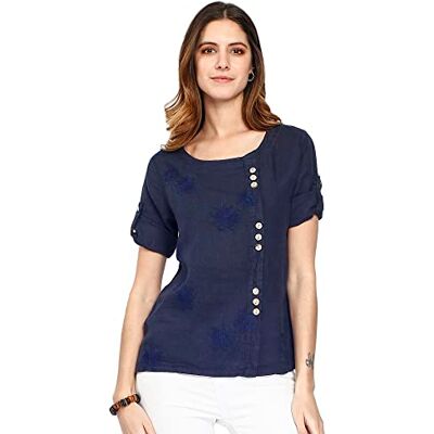 Bonateks Dam 100% linne tunika tillverkad i Italien, broderat rent linne skjorta och framknappar, marinblå, storlek: M, Marin, M Bonateks Dam 100% linne tunika tillverkad i Italien, broderat rent linne skjorta och framknappar, marinblå, storlek: M, Marin, M