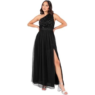 Maya Deluxe kvinnor kvinnor maxi kvinnor en axel ärmlös blommig paljett embellished sash slipsbälte tyll A-linje delad brittisk klänning, svart, 46 Maya Deluxe kvinnor kvinnor maxi kvinnor en axel ärmlös blommig paljett embellished sash slipsbälte tyll A-linje delad brittisk klänning, svart, 46
