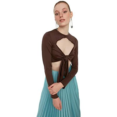 Trendyol Kvinnors brun super crop Connecting Detailed stickad blus, L Trendyol Kvinnors brun super crop Connecting Detailed stickad blus, L