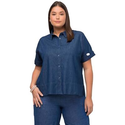 Ulla Popken damkläder plus size kurvig ekologisk bomull denim look kortärmad skjorta 816535, Blå denim, 50-52 Ulla Popken damkläder plus size kurvig ekologisk bomull denim look kortärmad skjorta 816535, Blå denim, 50-52