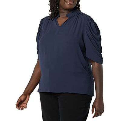 Amazon Essentials dam lätt Georgette halvärm volang hals vävd blus, marinblå, Small Amazon Essentials dam lätt Georgette halvärm volang hals vävd blus, marinblå, Small