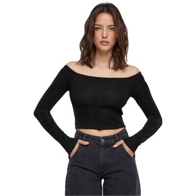 Urban Classics dam Off Shoulder Glitter Långärmad T-shirt, svart, XXL Urban Classics dam Off Shoulder Glitter Långärmad T-shirt, svart, XXL