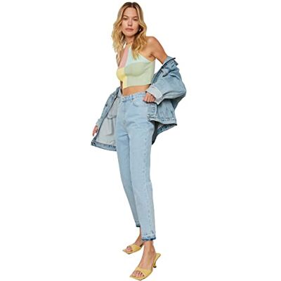 Trendyol Dam fall detaljerad hög midja mamma jeans, blå, 36 Trendyol Dam fall detaljerad hög midja mamma jeans, blå, 36