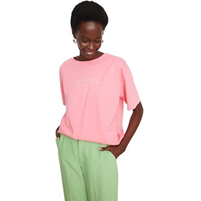 Trendyol Kvinnors rosa broderad pojkvän stickad t-shirt, M Trendyol Kvinnors rosa broderad pojkvän stickad t-shirt, M