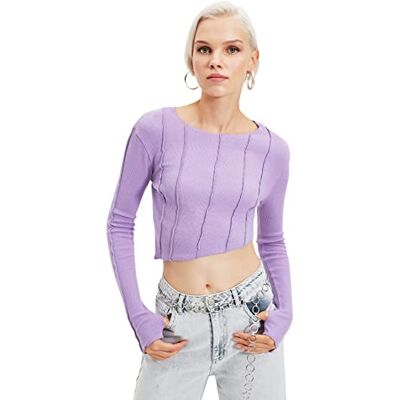 Trendyol Asymmetrisk stickad blus för kvinnor, rund hals, asymmetrisk blus, damskjorta (1 st), Lila, XL Trendyol Asymmetrisk stickad blus för kvinnor, rund hals, asymmetrisk blus, damskjorta (1 st), Lila, XL