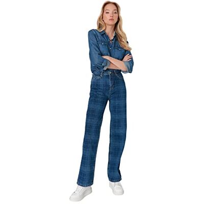 Trendyol Dam unga jeans med hög midja breda ben 90-tals vida ben, Blue, 60 SE Trendyol Dam unga jeans med hög midja breda ben 90-tals vida ben, Blue, 60 SE