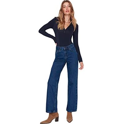 Trendyol Dam Basic 90-tals jeans med vida ben, blå, 32, BLÅ, 58 SE Trendyol Dam Basic 90-tals jeans med vida ben, blå, 32, BLÅ, 58 SE