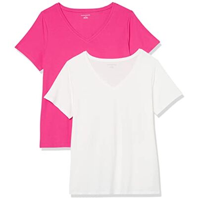 Amazon Essentials dam klassisk passform kortärmad v-ringad t-shirt, paket med 2, vit/mörkrosa, 2X Amazon Essentials dam klassisk passform kortärmad v-ringad t-shirt, paket med 2, vit/mörkrosa, 2X