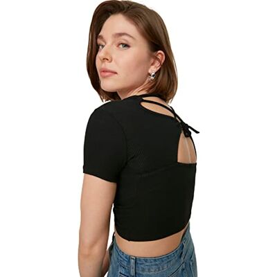 Trendyol Kvinnors svart baksida, dekorerad stickad blus, S Trendyol Kvinnors svart baksida, dekorerad stickad blus, S