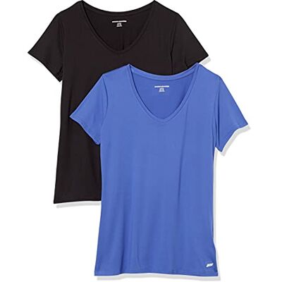 Amazon Essentials Dames Tech stretchig kortärmad V-ringad T-shirt (finns i plusstorlek), 2-Pack, Ljusblå/Svart, M Amazon Essentials Dames Tech stretchig kortärmad V-ringad T-shirt (finns i plusstorlek), 2-Pack, Ljusblå/Svart, M