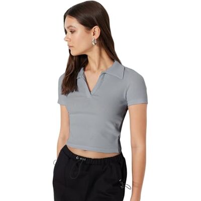 Trendyol Damer V-hals crop stickad blus blus, Genomskinlig blå, S Trendyol Damer V-hals crop stickad blus blus, Genomskinlig blå, S