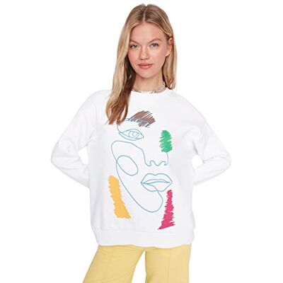 Trendyol Rund hals för kvinnor med slogan figurnära sweatshirt, Vit, S Trendyol Rund hals för kvinnor med slogan figurnära sweatshirt, Vit, S