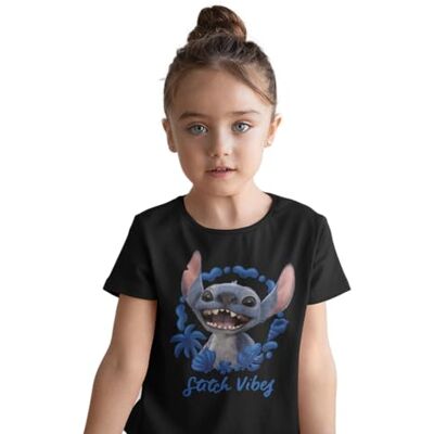 Disney Stitch "Stitch Vibes" flickor T-shirt tropisk grafisk T-shirt med blå blommig ram och glad alien karaktär lekfull hawaiisk tecknad stil, svart, 14 �r Disney Stitch "Stitch Vibes" flickor T-shirt tropisk grafisk T-shirt med blå blommig ram och glad alien karaktär lekfull hawaiisk tecknad stil, svart, 14 �r